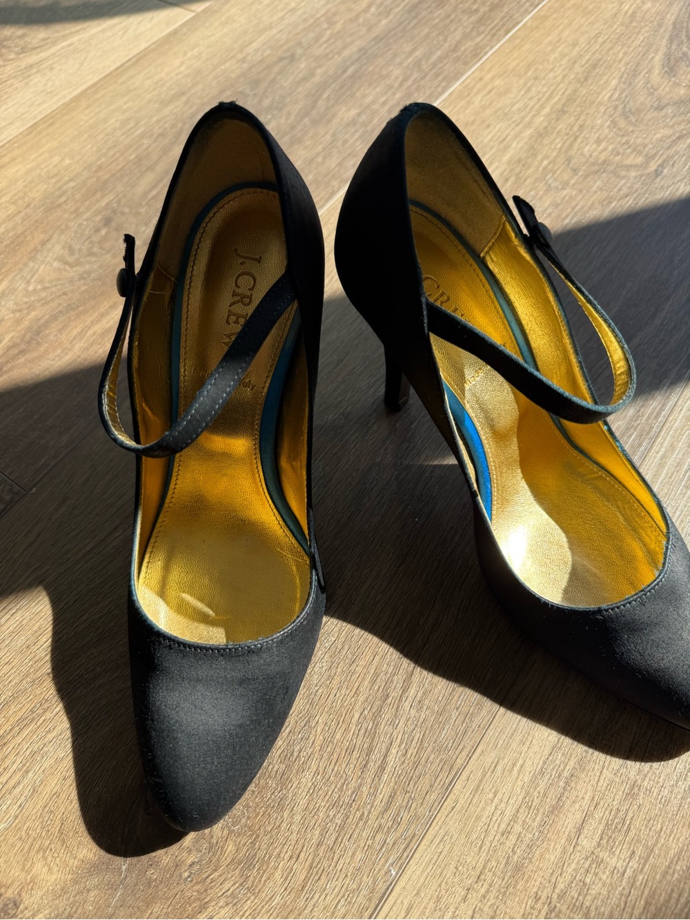 J. Crew Black Satin Mary Jane Pointed Heels with Gold Insole